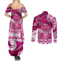 Breast Cancer Awareness Hawaii Couples Matching Summer Maxi Dress and Long Sleeve Button Shirt Polynesia Girl Nobody Fights Alone DT02 - Polynesian Pride