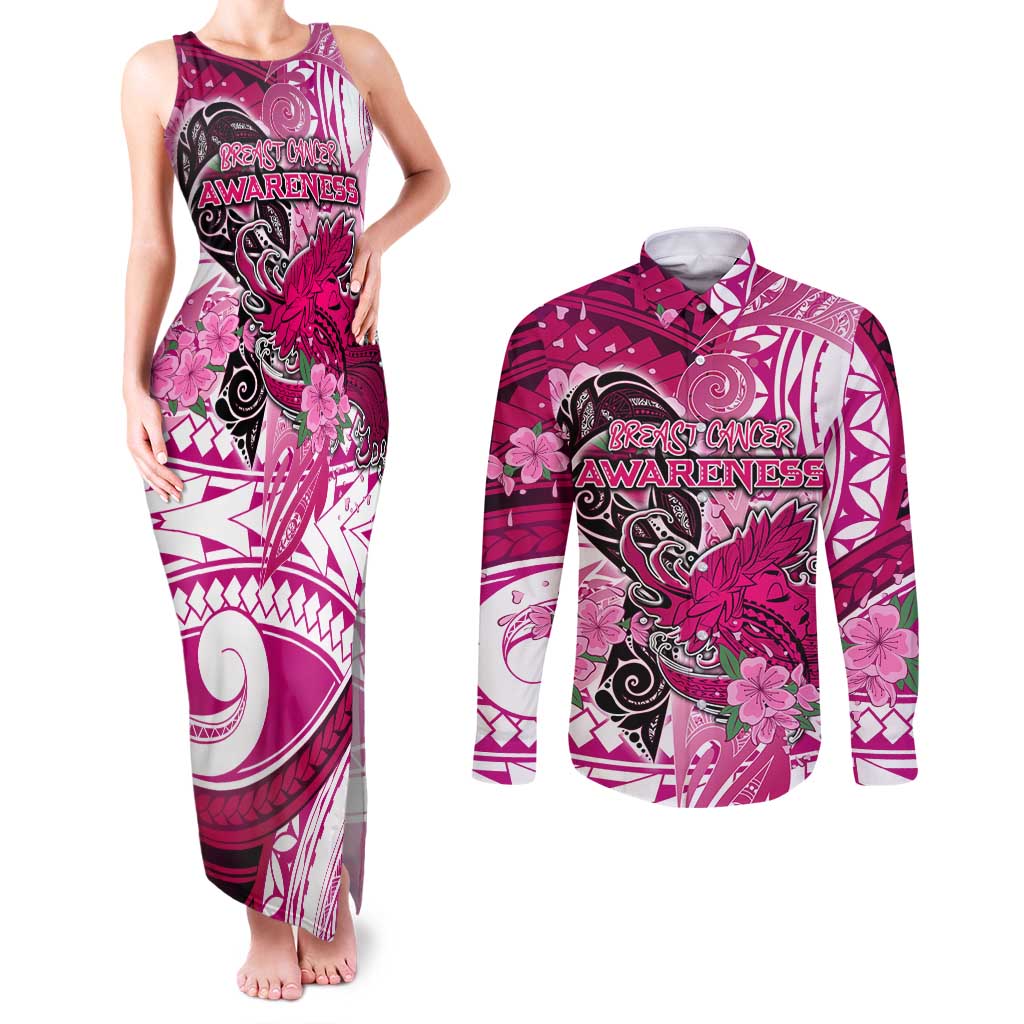 Breast Cancer Awareness Hawaii Couples Matching Tank Maxi Dress and Long Sleeve Button Shirt Polynesia Girl Nobody Fights Alone DT02 Pink - Polynesian Pride