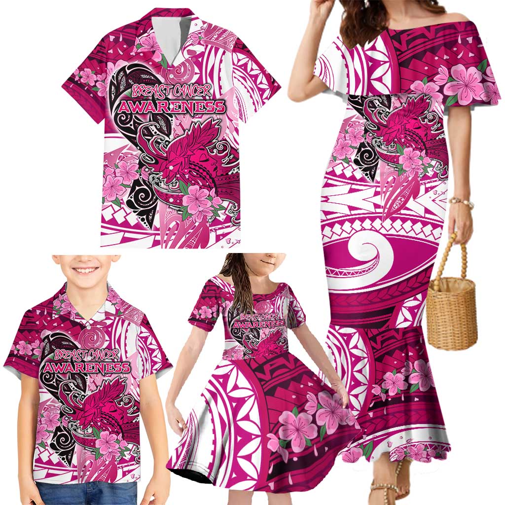 Breast Cancer Awareness Hawaii Family Matching Mermaid Dress and Hawaiian Shirt Polynesia Girl Nobody Fights Alone