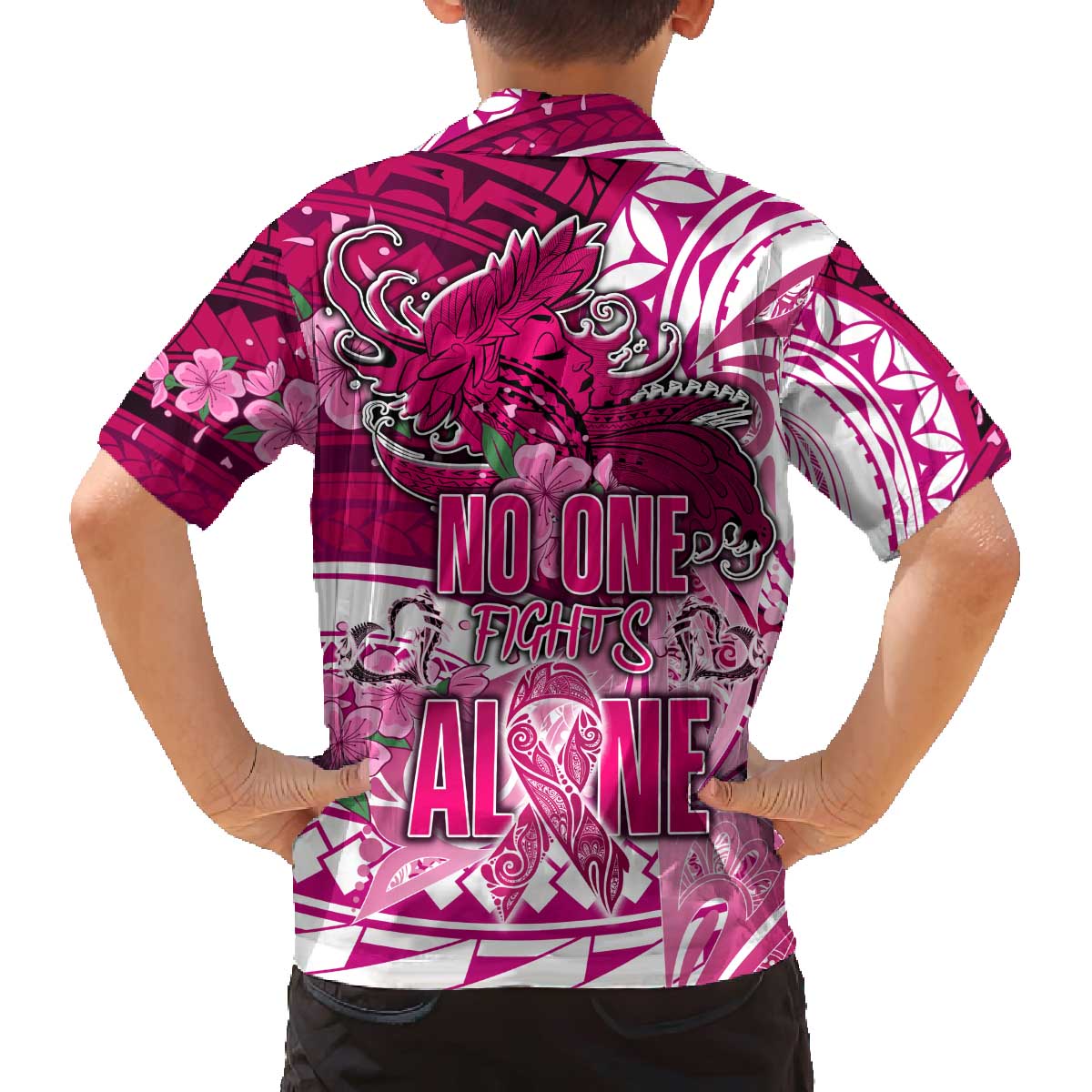 Breast Cancer Awareness Hawaii Family Matching Off The Shoulder Long Sleeve Dress and Hawaiian Shirt Polynesia Girl Nobody Fights Alone
