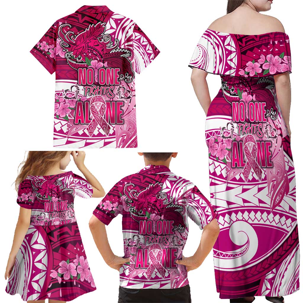 Breast Cancer Awareness Hawaii Family Matching Off Shoulder Maxi Dress and Hawaiian Shirt Polynesia Girl Nobody Fights Alone