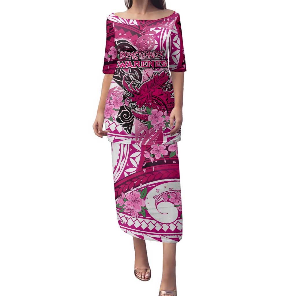 Breast Cancer Awareness Hawaii Family Matching Puletasi and Hawaiian Shirt Polynesia Girl Nobody Fights Alone