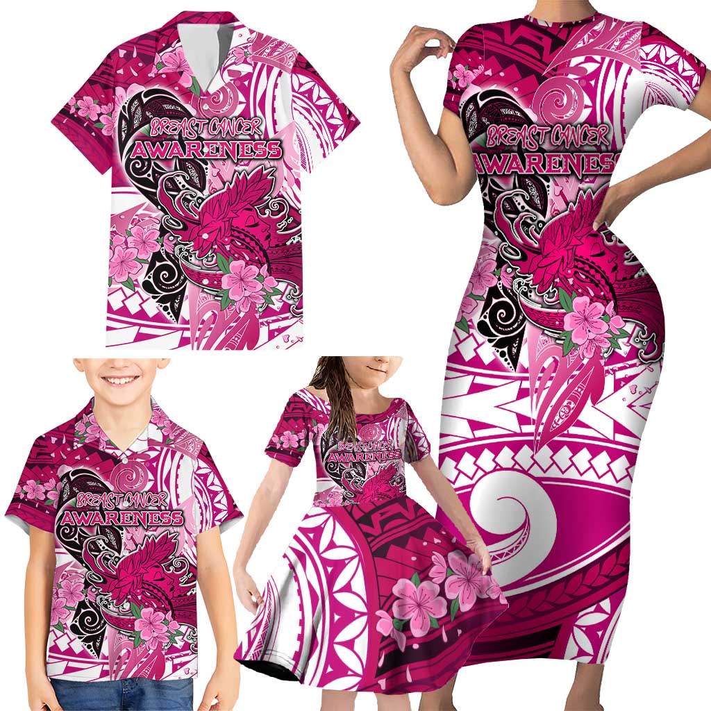 Breast Cancer Awareness Hawaii Family Matching Short Sleeve Bodycon Dress and Hawaiian Shirt Polynesia Girl Nobody Fights Alone