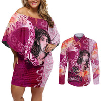 Breast Cancer New Zealand Couples Matching Off Shoulder Short Dress and Long Sleeve Button Shirt Maori Aotearoa Girl Pink Out