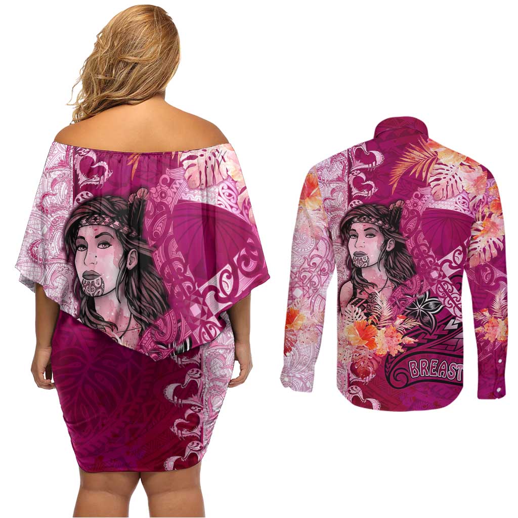Breast Cancer New Zealand Couples Matching Off Shoulder Short Dress and Long Sleeve Button Shirt Maori Aotearoa Girl Pink Out
