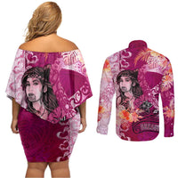 Breast Cancer New Zealand Couples Matching Off Shoulder Short Dress and Long Sleeve Button Shirt Maori Aotearoa Girl Pink Out