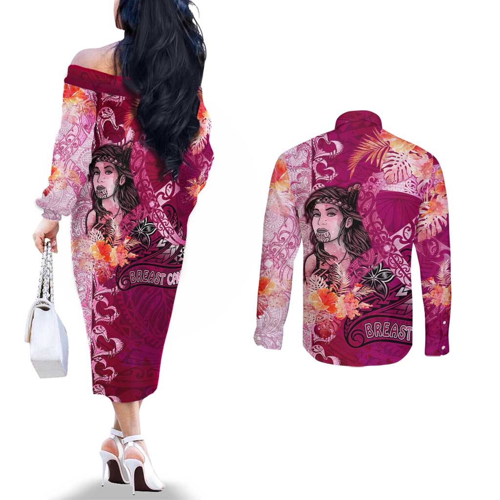 Breast Cancer New Zealand Couples Matching Off The Shoulder Long Sleeve Dress and Long Sleeve Button Shirt Maori Aotearoa Girl Pink Out