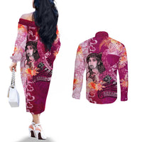 Breast Cancer New Zealand Couples Matching Off The Shoulder Long Sleeve Dress and Long Sleeve Button Shirt Maori Aotearoa Girl Pink Out