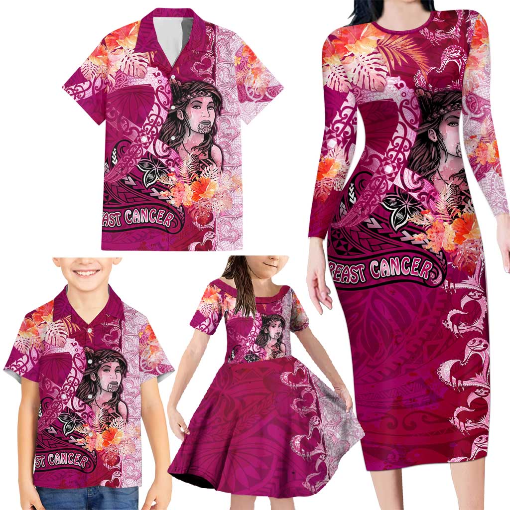 Breast Cancer New Zealand Family Matching Long Sleeve Bodycon Dress and Hawaiian Shirt Maori Aotearoa Girl Pink Out