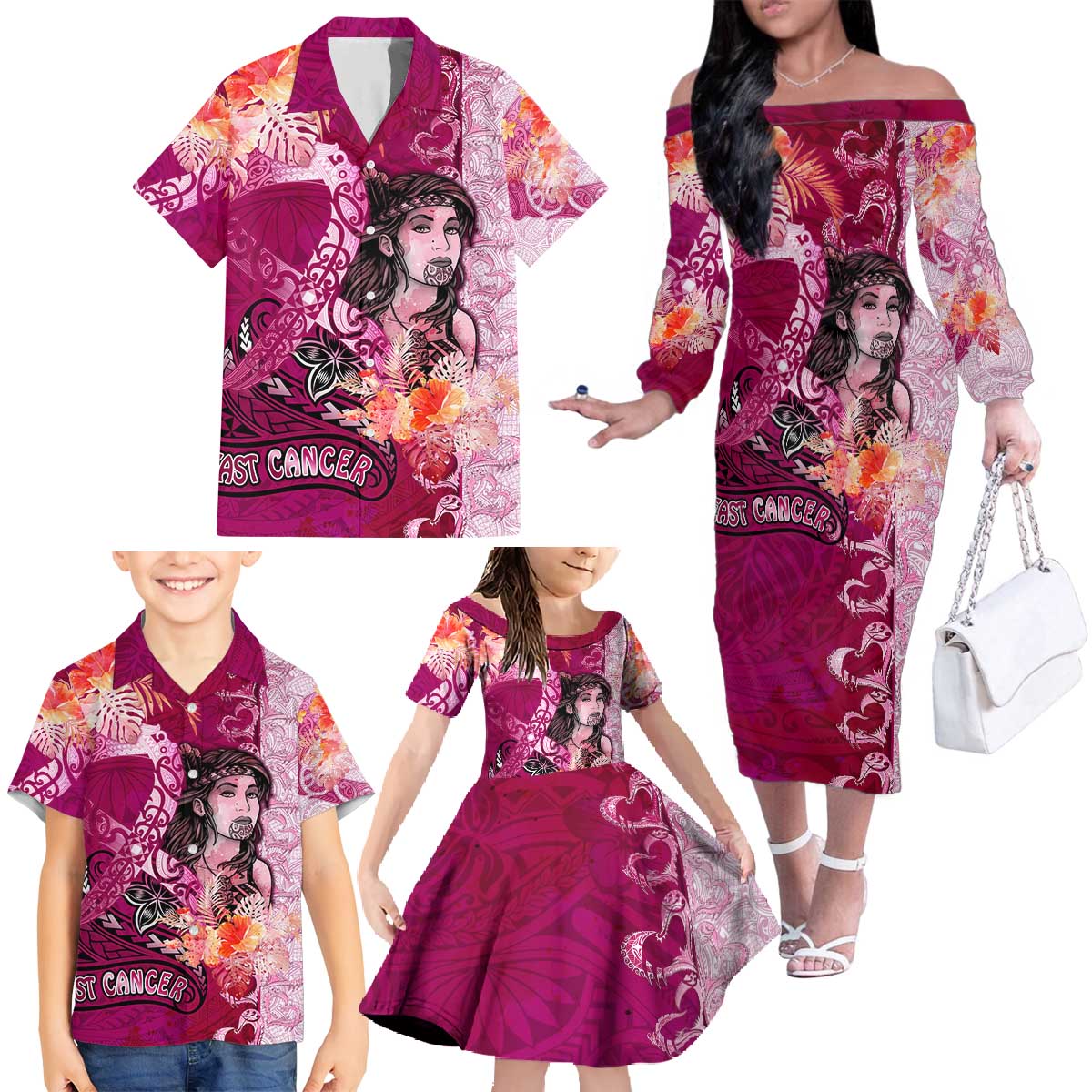 Breast Cancer New Zealand Family Matching Off The Shoulder Long Sleeve Dress and Hawaiian Shirt Maori Aotearoa Girl Pink Out