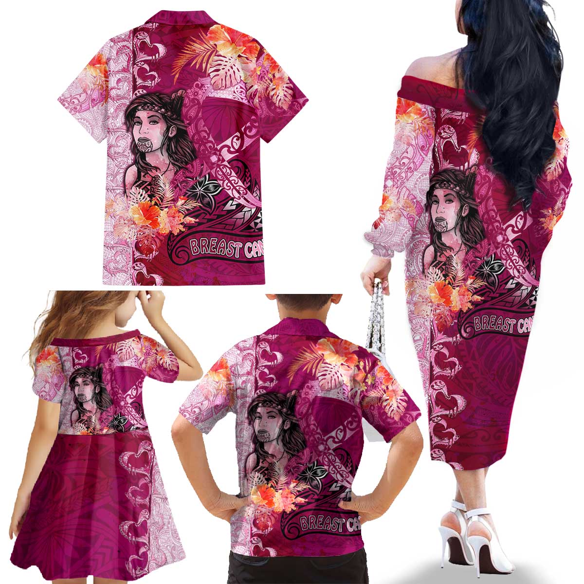 Breast Cancer New Zealand Family Matching Off The Shoulder Long Sleeve Dress and Hawaiian Shirt Maori Aotearoa Girl Pink Out