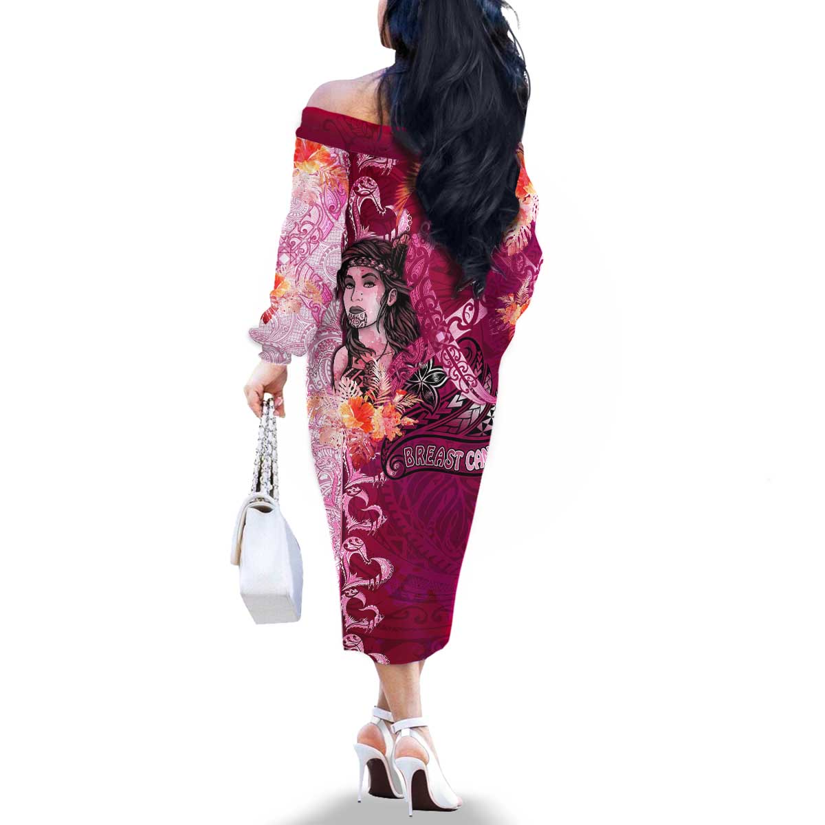 Breast Cancer New Zealand Family Matching Off The Shoulder Long Sleeve Dress and Hawaiian Shirt Maori Aotearoa Girl Pink Out