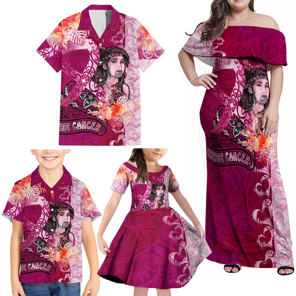 Breast Cancer New Zealand Family Matching Off Shoulder Maxi Dress and Hawaiian Shirt Maori Aotearoa Girl Pink Out