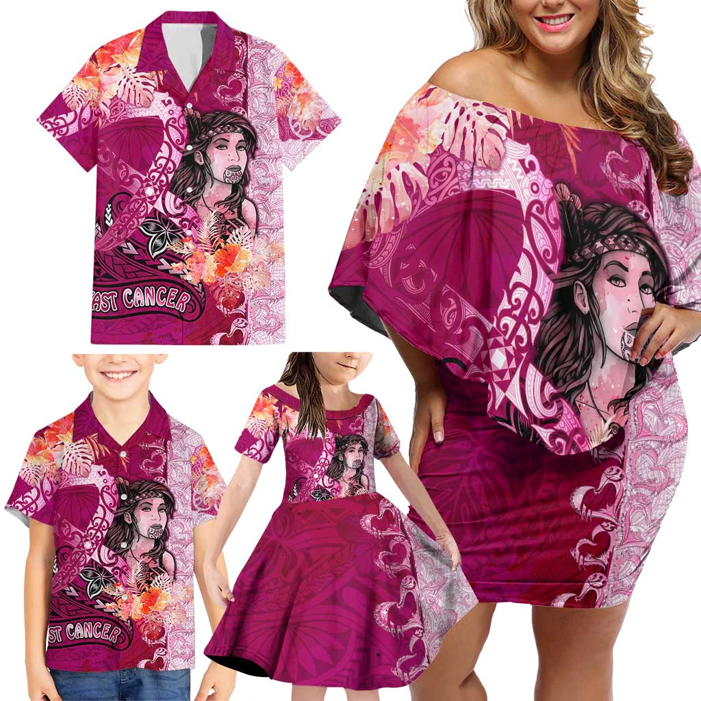 Breast Cancer New Zealand Family Matching Off Shoulder Short Dress and Hawaiian Shirt Maori Aotearoa Girl Pink Out