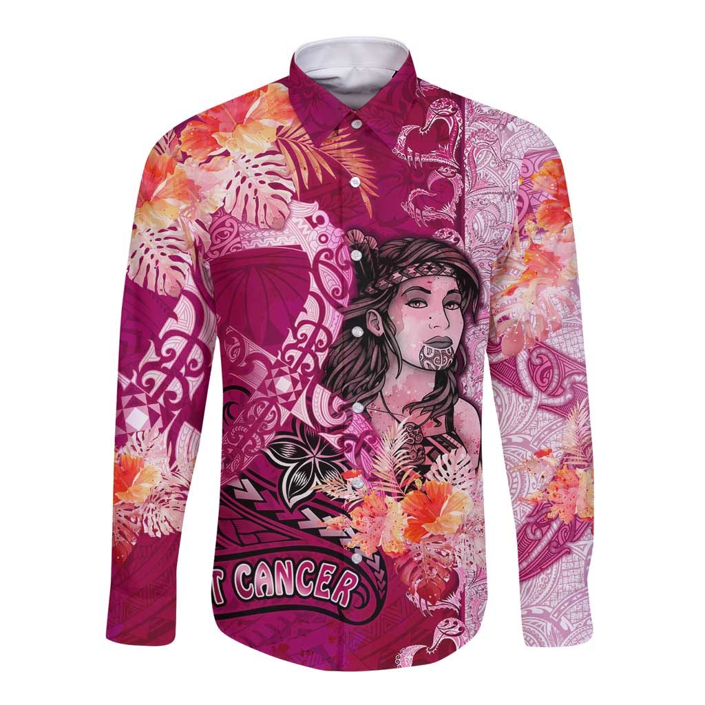 Breast Cancer New Zealand Long Sleeve Button Shirt Maori Aotearoa Girl Pink Out