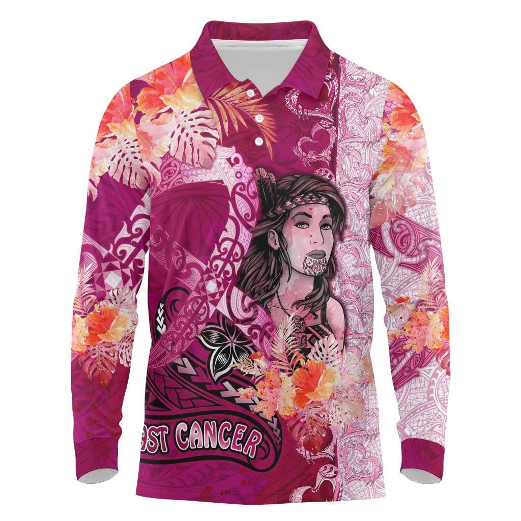 Breast Cancer New Zealand Long Sleeve Polo Shirt Maori Aotearoa Girl Pink Out