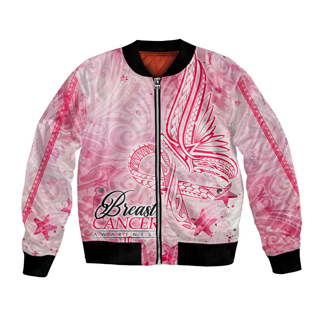 Breast Cancer Awareness Month Bomber Jacket Butterfly Polynesia Watercolor Pink