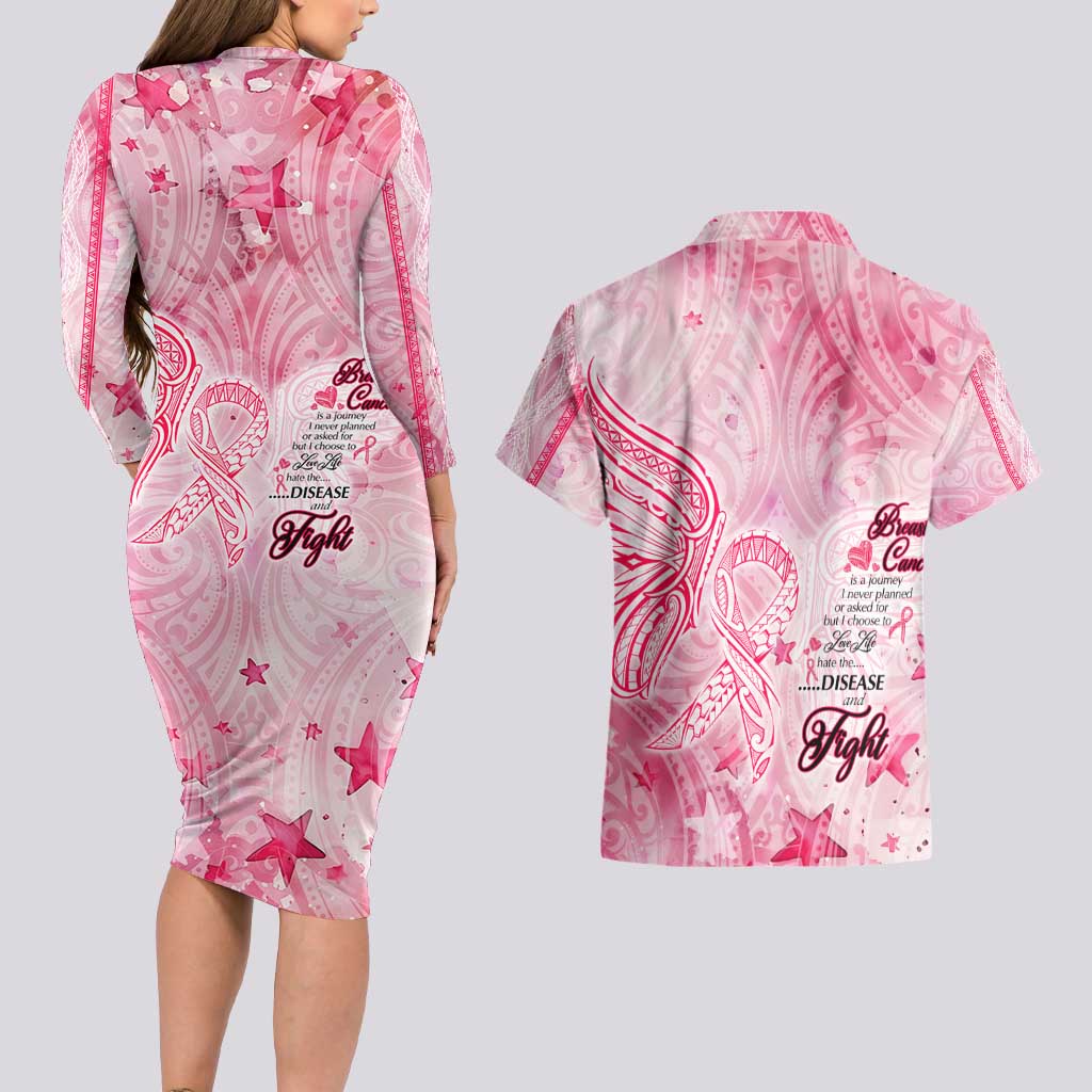 Breast Cancer Awareness Month Couples Matching Long Sleeve Bodycon Dress and Hawaiian Shirt Butterfly Polynesia Watercolor Pink