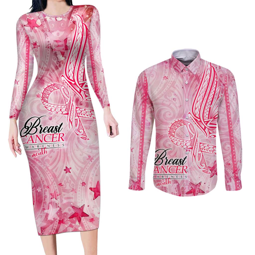 Breast Cancer Awareness Month Couples Matching Long Sleeve Bodycon Dress and Long Sleeve Button Shirt Butterfly Polynesia Watercolor Pink DT02 Pink - Polynesian Pride