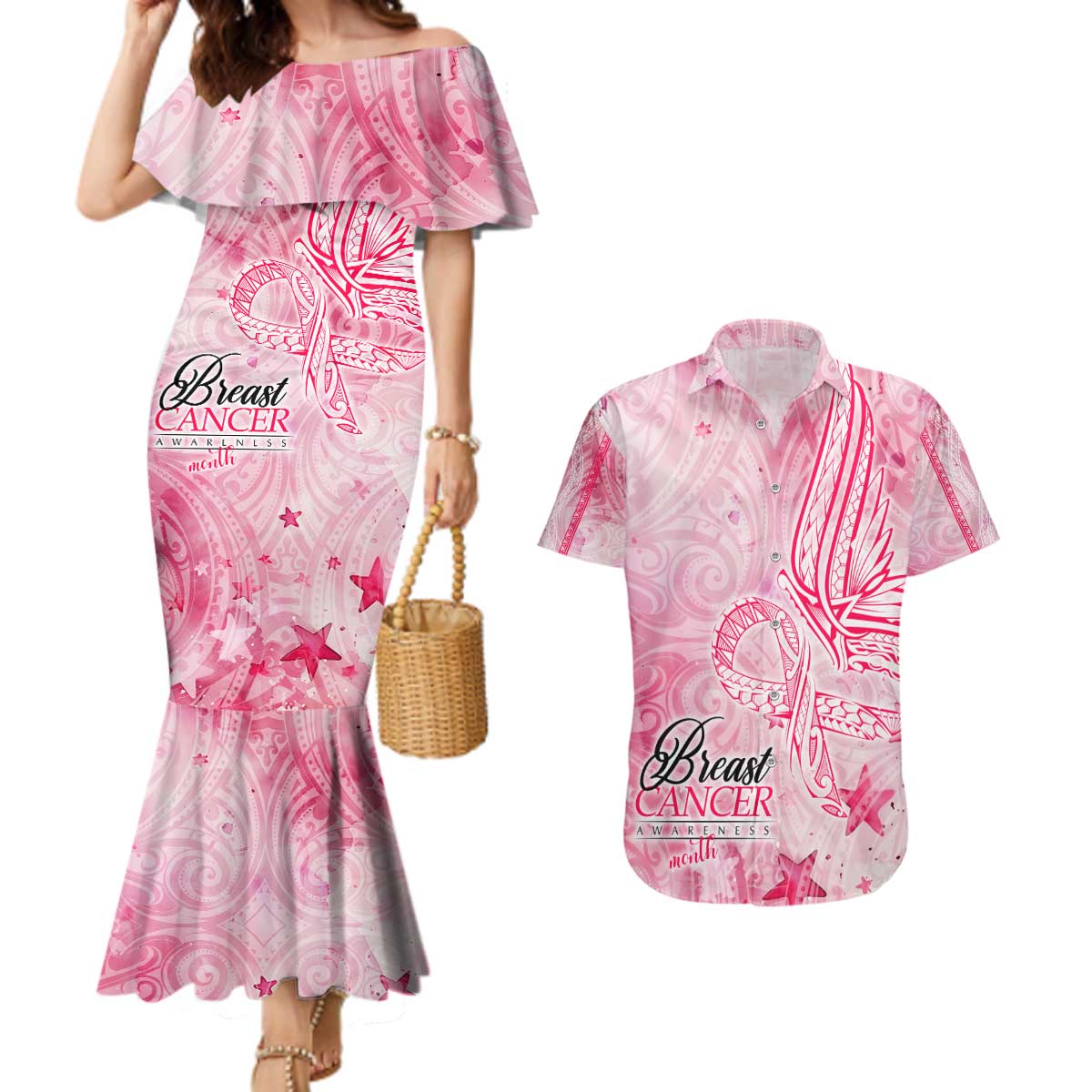 Breast Cancer Awareness Month Couples Matching Mermaid Dress and Hawaiian Shirt Butterfly Polynesia Watercolor Pink DT02 Pink - Polynesian Pride