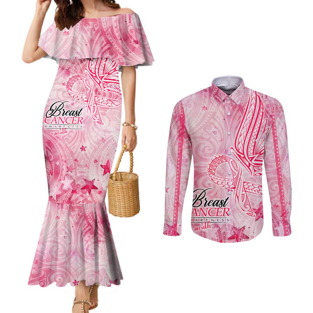 Breast Cancer Awareness Month Couples Matching Mermaid Dress and Long Sleeve Button Shirt Butterfly Polynesia Watercolor Pink DT02 Pink - Polynesian Pride