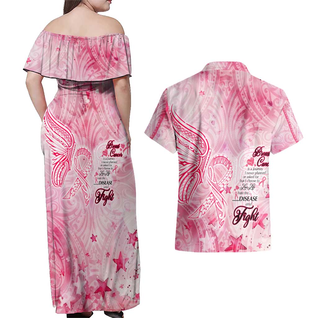 Breast Cancer Awareness Month Couples Matching Off Shoulder Maxi Dress and Hawaiian Shirt Butterfly Polynesia Watercolor Pink