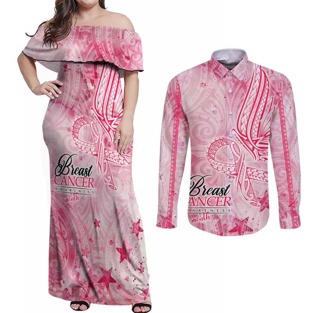 Breast Cancer Awareness Month Couples Matching Off Shoulder Maxi Dress and Long Sleeve Button Shirt Butterfly Polynesia Watercolor Pink DT02 Pink - Polynesian Pride