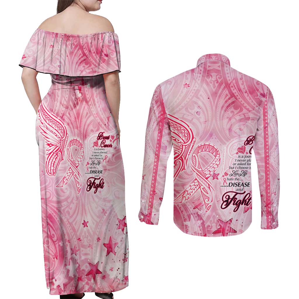 Breast Cancer Awareness Month Couples Matching Off Shoulder Maxi Dress and Long Sleeve Button Shirt Butterfly Polynesia Watercolor Pink DT02 - Polynesian Pride