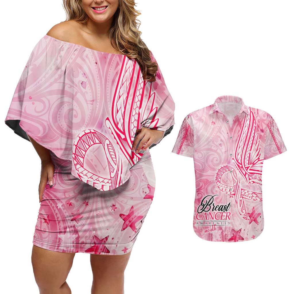 Breast Cancer Awareness Month Couples Matching Off Shoulder Short Dress and Hawaiian Shirt Butterfly Polynesia Watercolor Pink DT02 Pink - Polynesian Pride