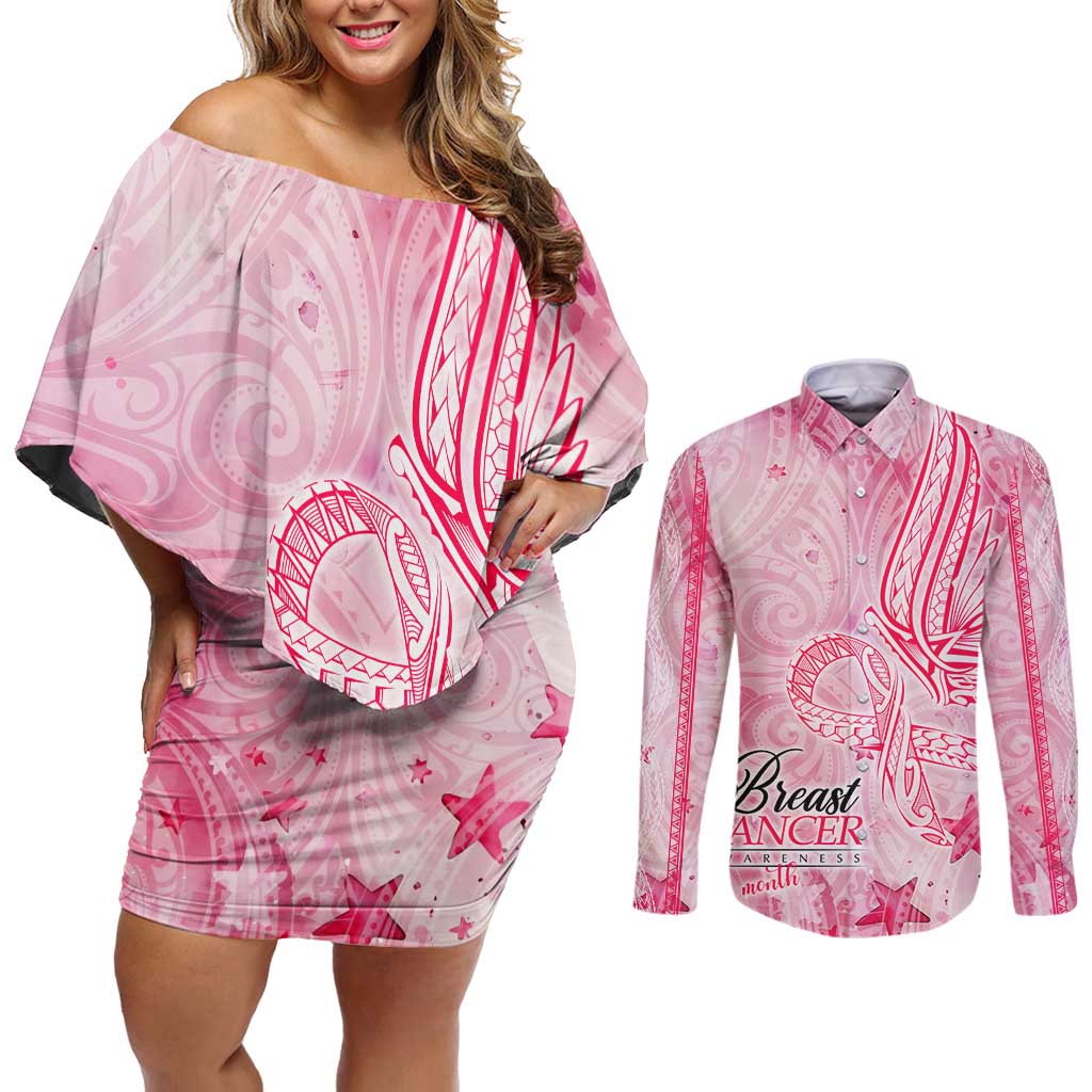 Breast Cancer Awareness Month Couples Matching Off Shoulder Short Dress and Long Sleeve Button Shirt Butterfly Polynesia Watercolor Pink DT02 Pink - Polynesian Pride