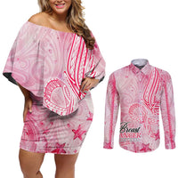 Breast Cancer Awareness Month Couples Matching Off Shoulder Short Dress and Long Sleeve Button Shirt Butterfly Polynesia Watercolor Pink DT02 Pink - Polynesian Pride