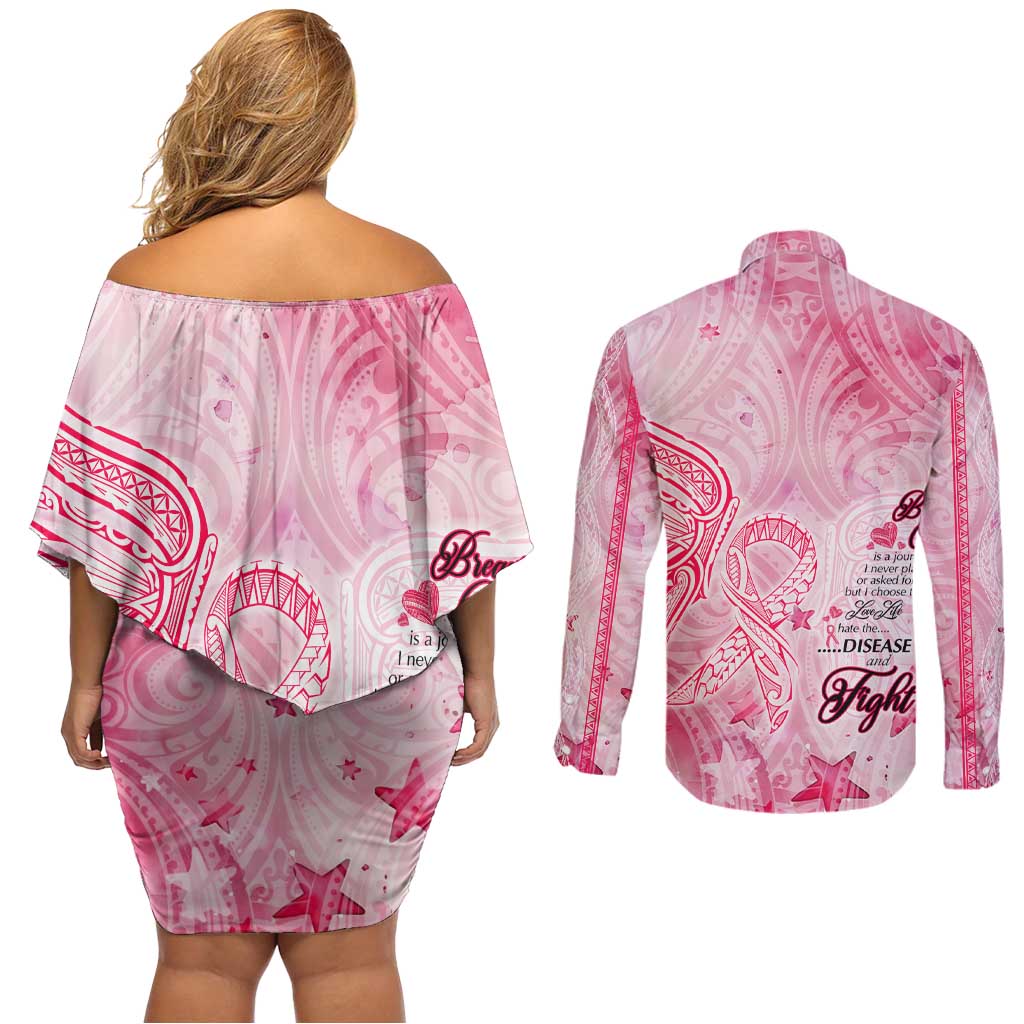 Breast Cancer Awareness Month Couples Matching Off Shoulder Short Dress and Long Sleeve Button Shirt Butterfly Polynesia Watercolor Pink DT02 - Polynesian Pride