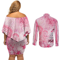 Breast Cancer Awareness Month Couples Matching Off Shoulder Short Dress and Long Sleeve Button Shirt Butterfly Polynesia Watercolor Pink DT02 - Polynesian Pride