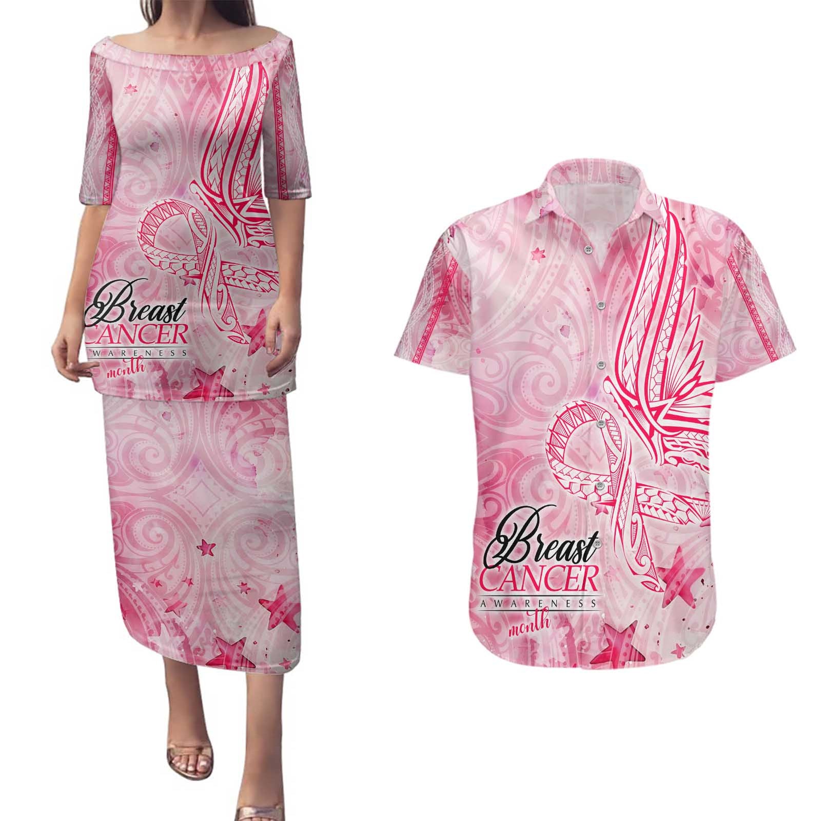 Breast Cancer Awareness Month Couples Matching Puletasi and Hawaiian Shirt Butterfly Polynesia Watercolor Pink DT02 Pink - Polynesian Pride