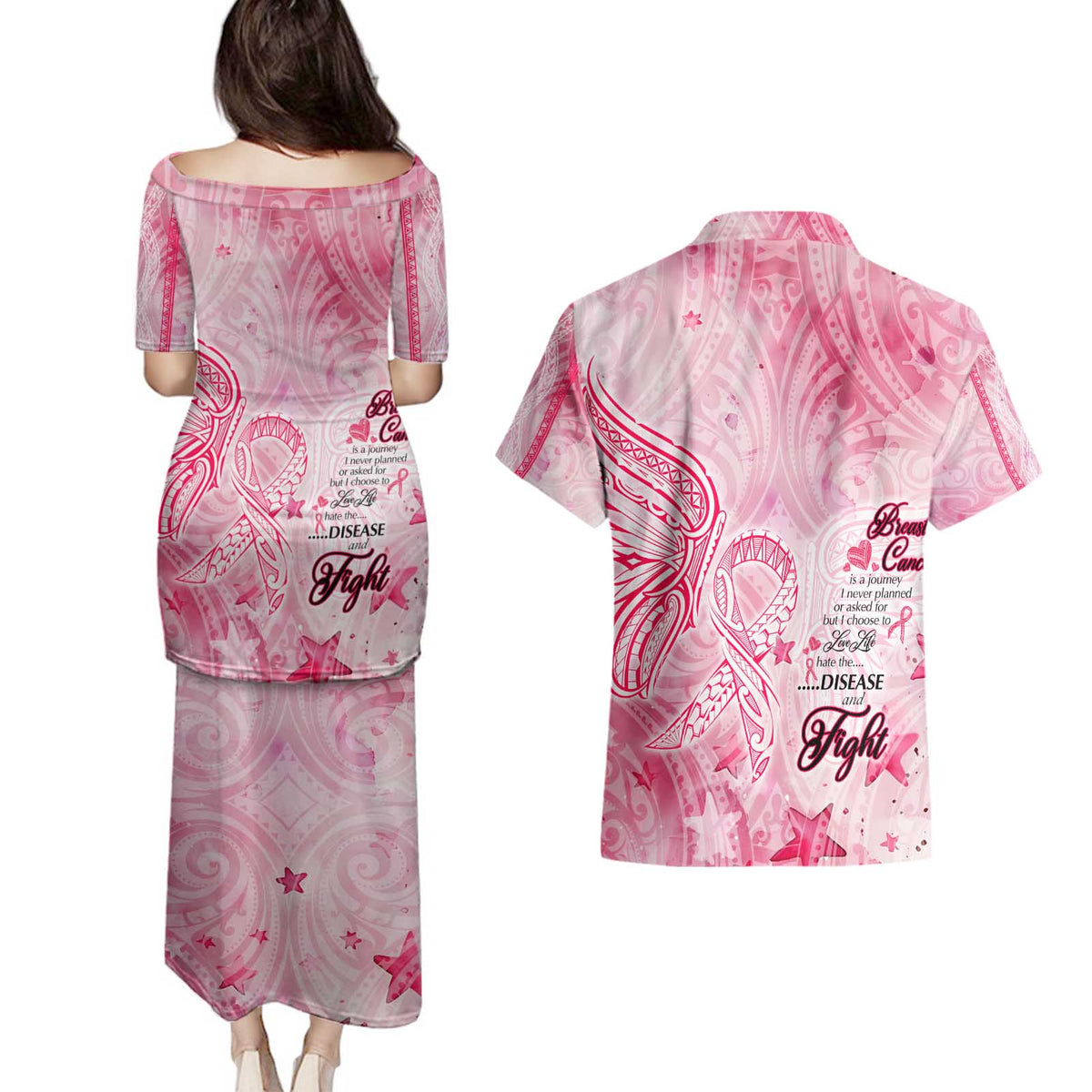 Breast Cancer Awareness Month Couples Matching Puletasi and Hawaiian Shirt Butterfly Polynesia Watercolor Pink DT02 - Polynesian Pride