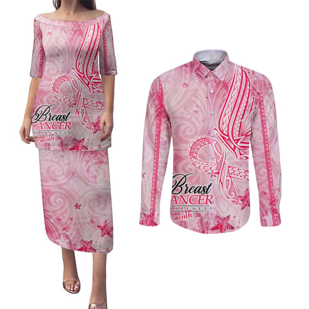 Breast Cancer Awareness Month Couples Matching Puletasi and Long Sleeve Button Shirt Butterfly Polynesia Watercolor Pink DT02 Pink - Polynesian Pride