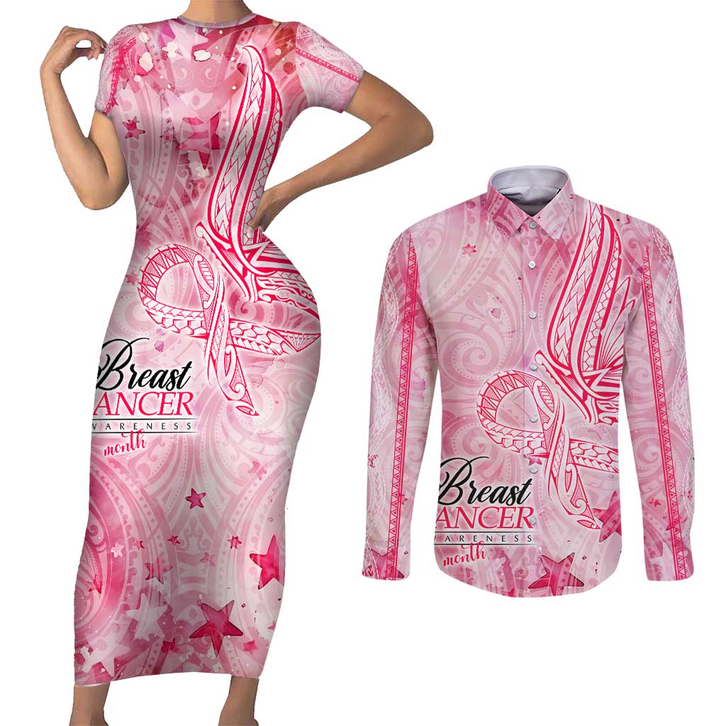 Breast Cancer Awareness Month Couples Matching Short Sleeve Bodycon Dress and Long Sleeve Button Shirt Butterfly Polynesia Watercolor Pink DT02 Pink - Polynesian Pride
