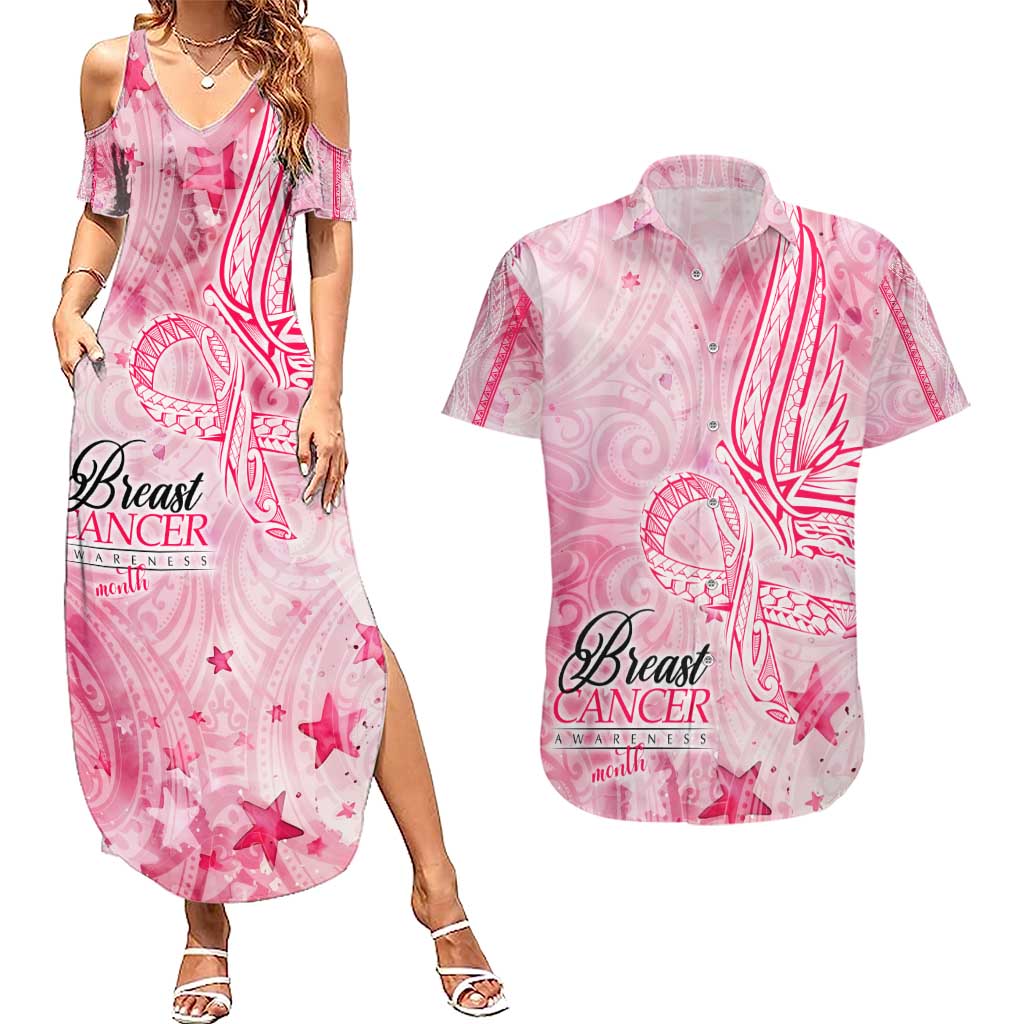 Breast Cancer Awareness Month Couples Matching Summer Maxi Dress and Hawaiian Shirt Butterfly Polynesia Watercolor Pink DT02 Pink - Polynesian Pride