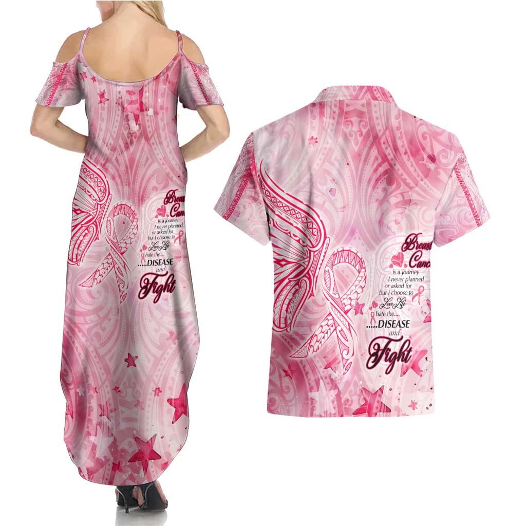 Breast Cancer Awareness Month Couples Matching Summer Maxi Dress and Hawaiian Shirt Butterfly Polynesia Watercolor Pink DT02 - Polynesian Pride