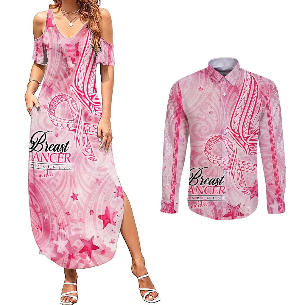 Breast Cancer Awareness Month Couples Matching Summer Maxi Dress and Long Sleeve Button Shirt Butterfly Polynesia Watercolor Pink DT02 Pink - Polynesian Pride