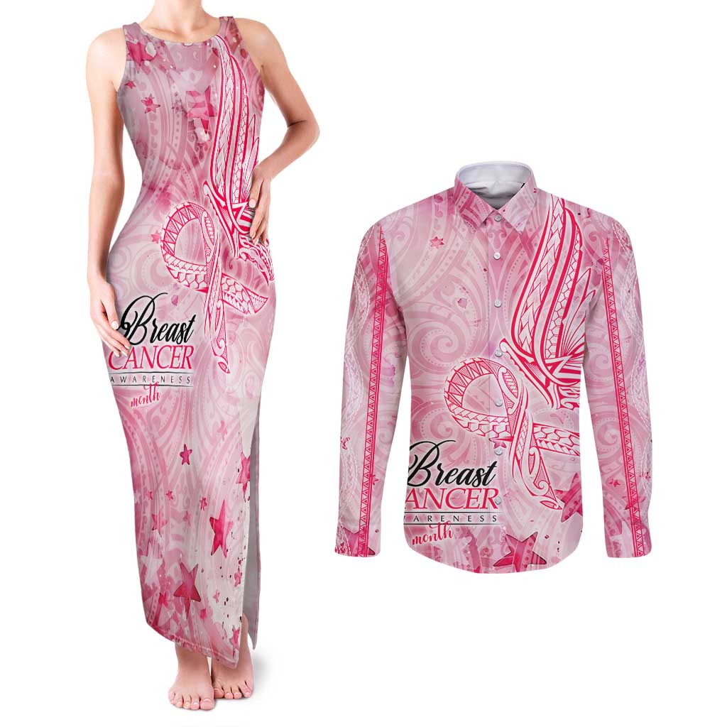 Breast Cancer Awareness Month Couples Matching Tank Maxi Dress and Long Sleeve Button Shirt Butterfly Polynesia Watercolor Pink DT02 Pink - Polynesian Pride