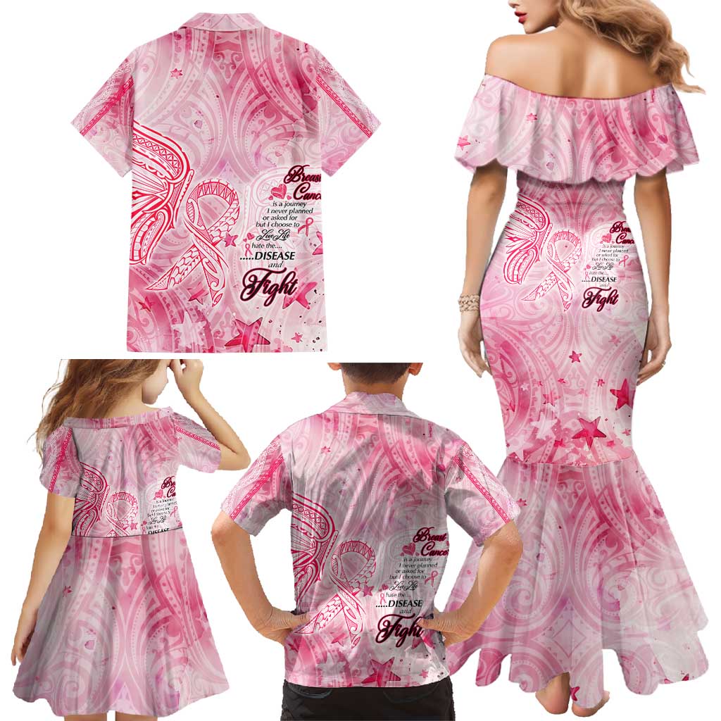 Breast Cancer Awareness Month Family Matching Mermaid Dress and Hawaiian Shirt Butterfly Polynesia Watercolor Pink
