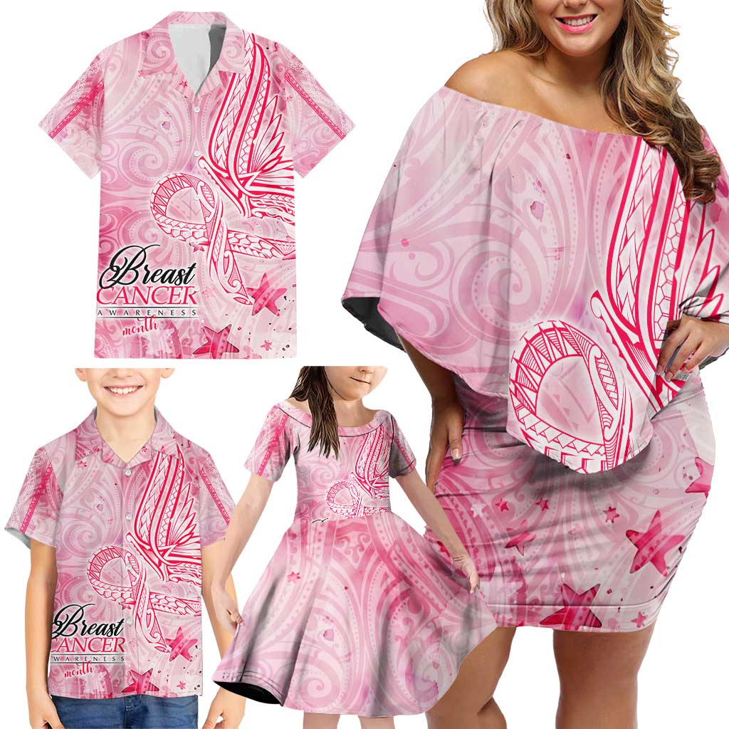 Breast Cancer Awareness Month Family Matching Off Shoulder Short Dress and Hawaiian Shirt Butterfly Polynesia Watercolor Pink