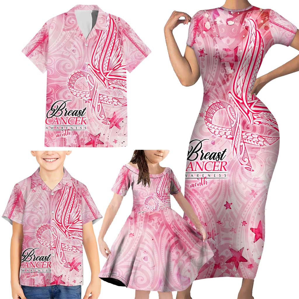 Breast Cancer Awareness Month Family Matching Short Sleeve Bodycon Dress and Hawaiian Shirt Butterfly Polynesia Watercolor Pink