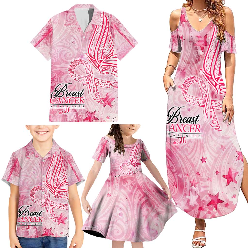 Breast Cancer Awareness Month Family Matching Summer Maxi Dress and Hawaiian Shirt Butterfly Polynesia Watercolor Pink