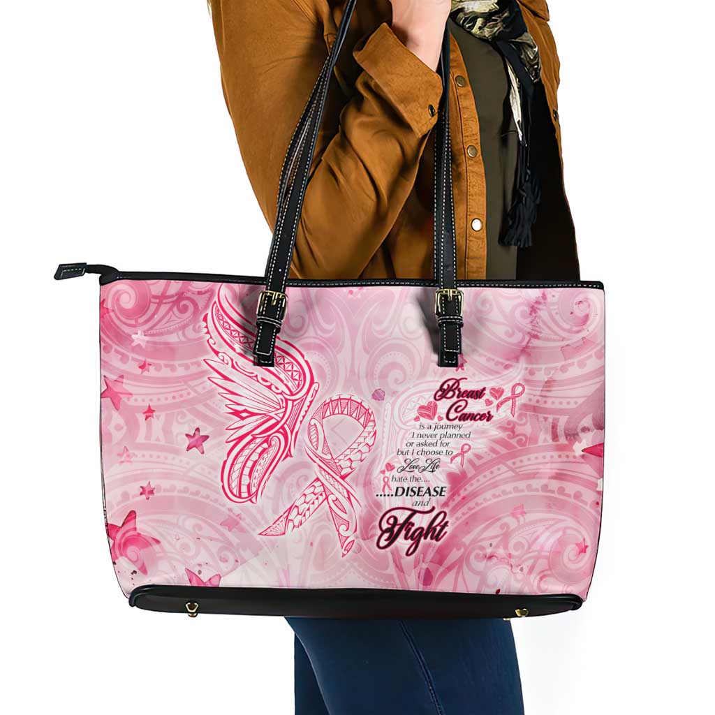 Breast Cancer Awareness Month Leather Tote Bag Butterfly Polynesia Watercolor Pink