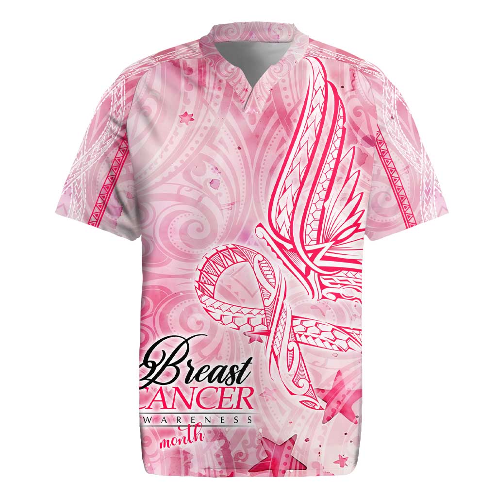 Breast Cancer Awareness Month Rugby Jersey Butterfly Polynesia Watercolor Pink