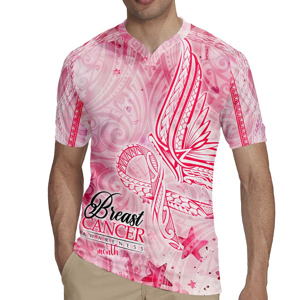 Breast Cancer Awareness Month Rugby Jersey Butterfly Polynesia Watercolor Pink