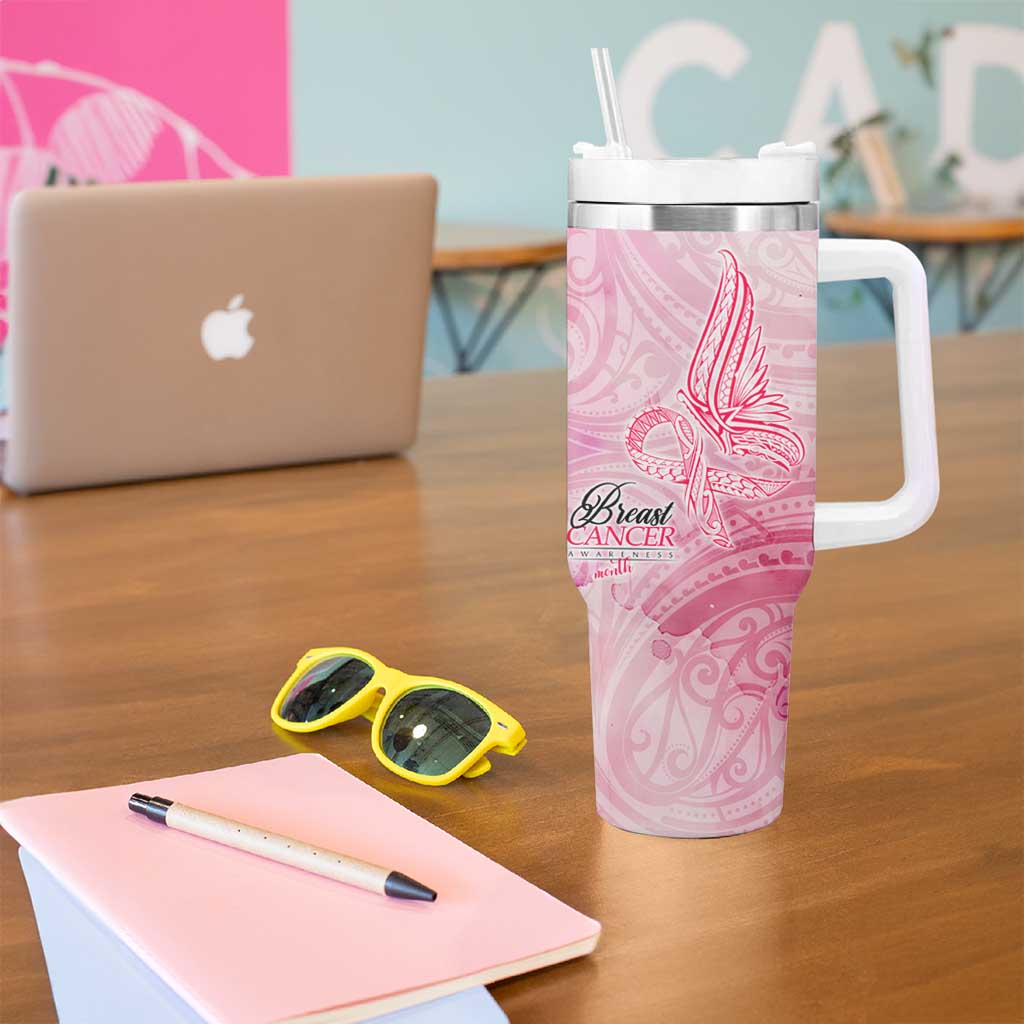 Breast Cancer Awareness Month Tumbler With Handle Butterfly Polynesia Watercolor Pink
