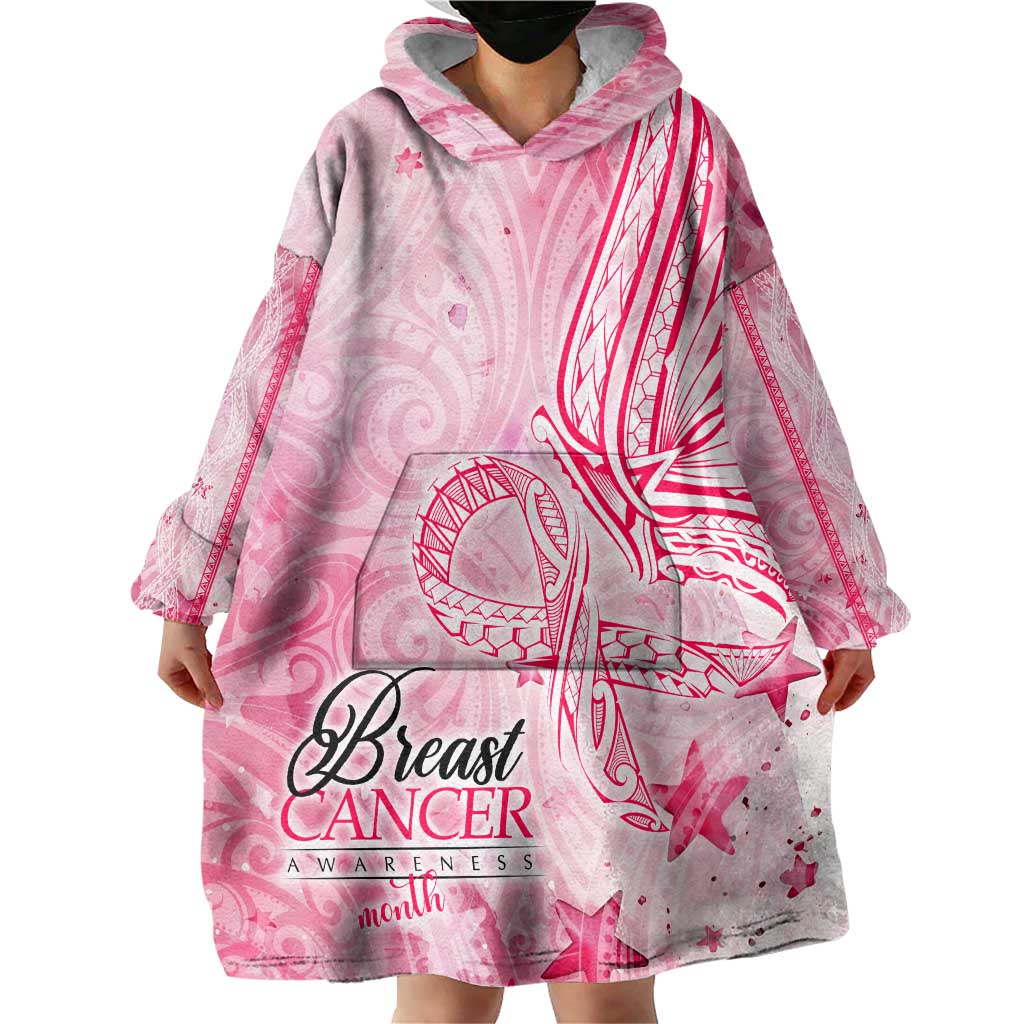 Breast Cancer Awareness Month Wearable Blanket Hoodie Butterfly Polynesia Watercolor Pink DT02 - Polynesian Pride